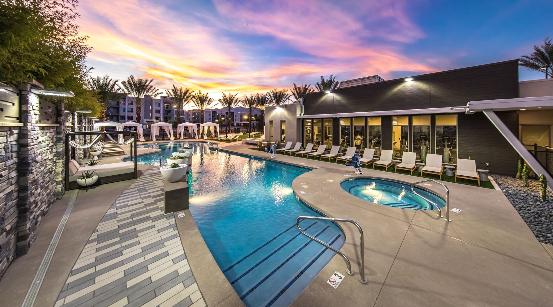 pool with large palm trees and tropical landscaping
